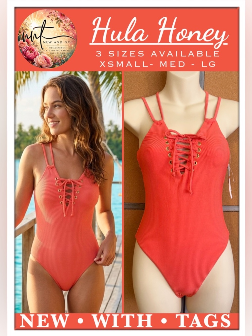 NWT Hula Honey Coral Red Ribbed Lace-Up One Piece Swimsuit Crisscross Back